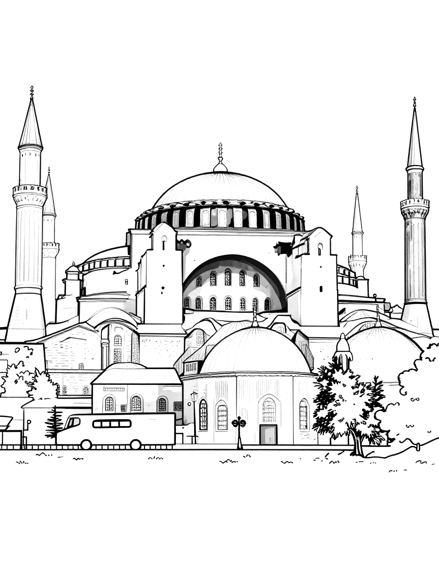 Ayasofya'nın büyük kubbesi, yarım kubbeleri ve dört minaresini gösteren boyama sayfası