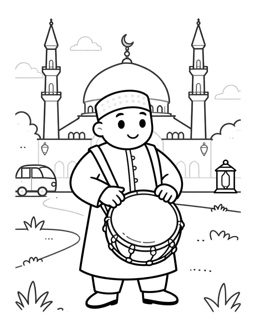 Boyama sayfası: geleneksel kıyafetli Ramazan davulcusu, elinde davuluyla gece mahallesinde, arka planda kubbeli ve minareli bir cami.