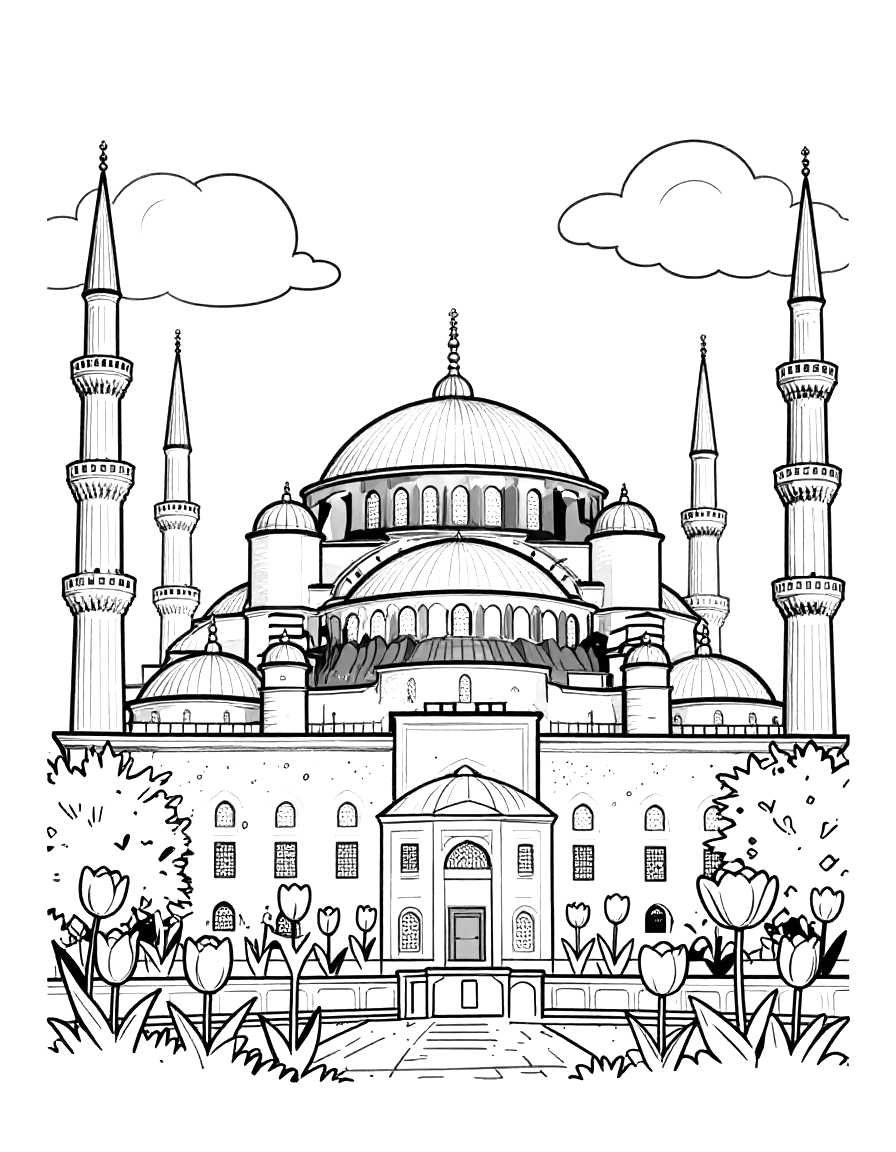 Boyama sayfası olarak çizilmiş, altı minareli Sultanahmet Camii ve önündeki lale bahçesi