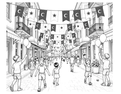 Boyama sayfası: 29 Ekim'de binalar arasına asılmış ay yıldızlı bayraklar, ellerinde küçük bayrak ve balon taşıyan çocuklarla dolu İstanbul sokağı