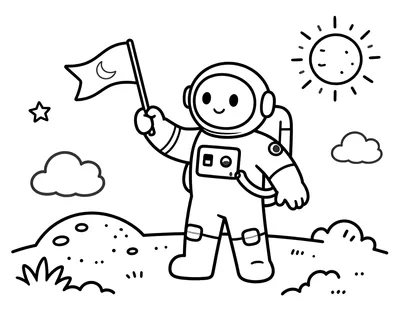 Boyama sayfası: ay yüzeyinde hilal ve yıldızlı küçük bir bayrak tutan gülümseyen astronot çocuk, arka planda kraterler, bulutlar ve güneş.