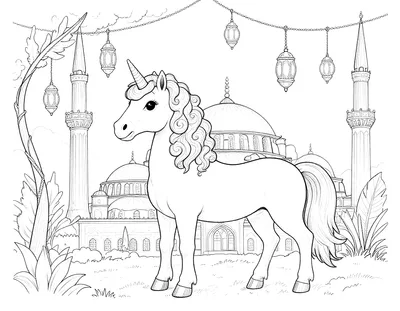 Boyama sayfası: kubbeli ve minareli bir caminin önünde, kıvırcık yeleli bir unicorn ve asılı fenerler.