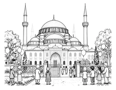 Boyama sayfası: bayram sabahı kubbeli ve minareli bir caminin bahçesinde, kapı önünde bekleyen bayramlık giysili çocuklar ve balonlar.