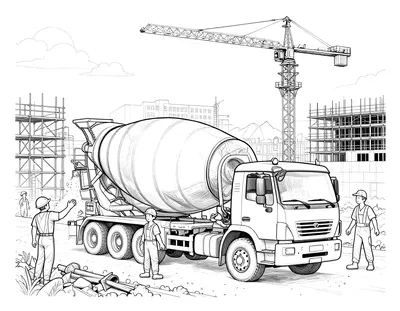 Boyama sayfası: inşaat alanında beton döken mikser kamyonu, iskeleler, vinç ve çalışan işçiler.