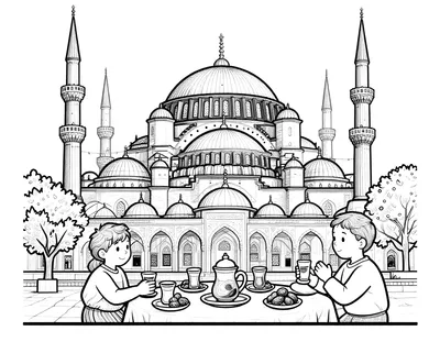 Boyama sayfası olarak iki minareli, kubbeli bir caminin önünde iftar sofrasında oturan iki çocuk çizimi