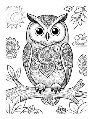 Boyama sayfası olarak dallara tünemiş, gövdesi ve kanatları mandala ile paisley desenleriyle kaplı büyük gözlü bir baykuş çizimi