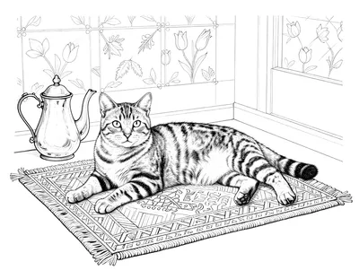 Boyama sayfası: dokuma kilim halı üzerinde uzanmış tekir kedi, yanında bakır çaydanlık ve lale desenli çiniler.