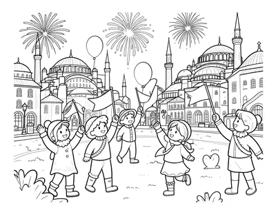 Boyama sayfası: gece bir meydanda havai fişekler altında bayrak ve balon taşıyan, cami ve kubbelerin önünde kutlama yapan çocuklar