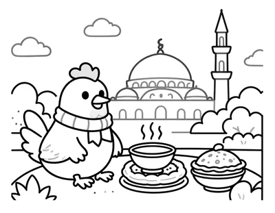 Boyama sayfası: atkılı bir tavuk iftar sofrasında oturuyor, önünde Ramazan pidesi ve bir kase var, arka planda kubbeli ve minareli bir cami görünüyor.