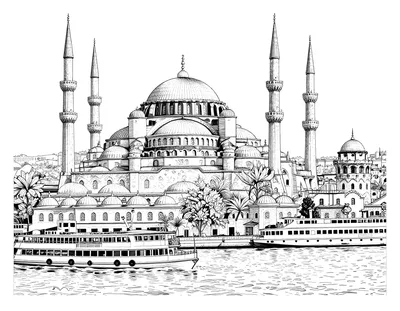 Boyama sayfası olarak İstanbul silüeti: kubbeler, minareler, taş kule ve Boğaz'da vapurlar.