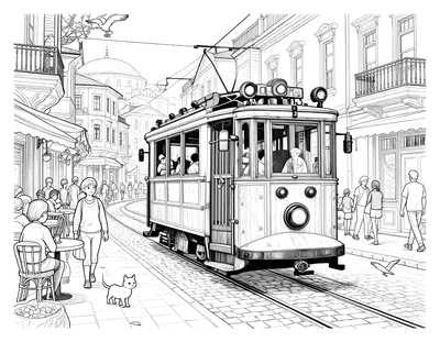 Boyama sayfası: taş döşeli bir sokakta ilerleyen nostaljik İstanbul tramvayı, ahşap evler, kafe masaları, yürüyen insanlar, bir kedi ve martılar.