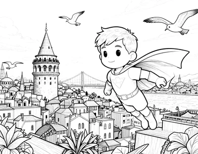 Boyama sayfası: Galata Kulesi ve Boğaz Köprüsü'nün önünde, martıların arasında uçan pelerinli süper kahraman çocuk.