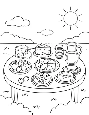 Boyama sayfası: peynir, zeytin, domates, salatalık, yumurta, simit, bal ve çay bardaklarıyla kurulmuş bir kahvaltı sofrası.