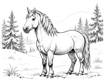 Boyama sayfası: karlı bir çam ormanı açıklığında duran, ayrıntılı yeleli ve tüylü gerçekçi bir unicorn.