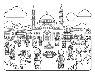 Boyama sayfası: Keloğlan köy meydanında bayramlaşan çocuklar ve bayram tatlıları, arka planda kubbeli ve minareli cami.