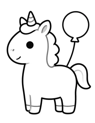 Boyama sayfası: kuyruğuna bayram balonu bağlanmış, yanında şeker kasesi duran sevimli bir unicorn.