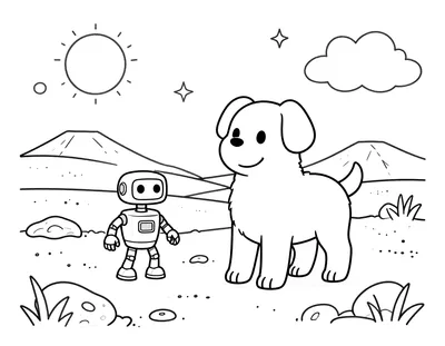 Boyama sayfası: Mars yüzeyinde küçük kraterlerin arasında duran sevimli bir köpek ve yanında robot kolunu uzatan küçük bir rover aracı, arka planda dağlar, gökyüzünde güneş, bulut ve yıldızlar.