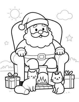 Boyama sayfası: Şöminenin yanındaki koltukta oturan, kucağında ve yerde iki kediyle çevrili Noel Baba, yanında hediyeler ve çoraplar.