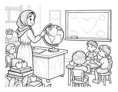 Boyama sayfası: Başörtülü öğretmen dünya küresi ve kalp çizili tahtanın yanında, sıralarda oturan çocuklar resimlerini getiriyor.