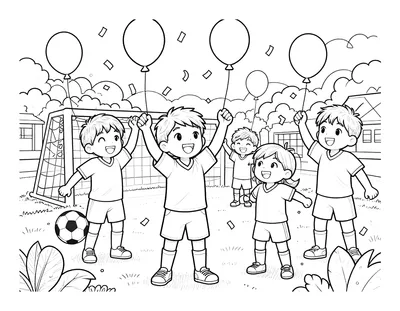 Boyama sayfası: okul bahçesinde formalı çocukların balonlar ve konfeti eşliğinde gol sevinci