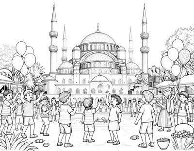 Boyama sayfası: deniz kenarındaki meydanda balonlarla Ramazan Bayramı'nı kutlayan çizgili tişörtlü çocuklar ve arkalarında kubbeli, minareli cami.