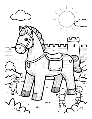 Boyama sayfası: Antik surların önünde tekerlekli büyük tahta at ve ona bakan çocuklar