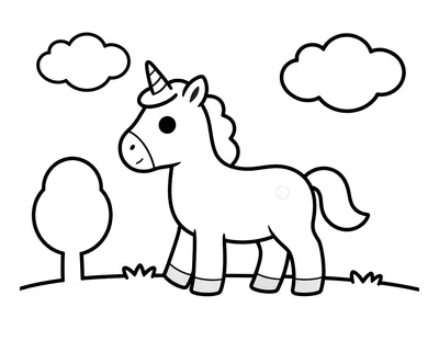 Boyama sayfası: küçük bir tepede yürüyen unicorn tayı, yanında tek bir ağaç ve gökyüzünde iki bulut