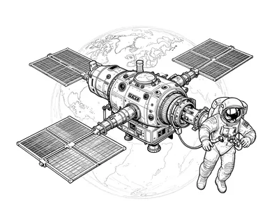 Boyama sayfası: Dünya'nın yörüngesindeki güneş panelli uzay istasyonu ve istasyona halatla bağlı astronot.