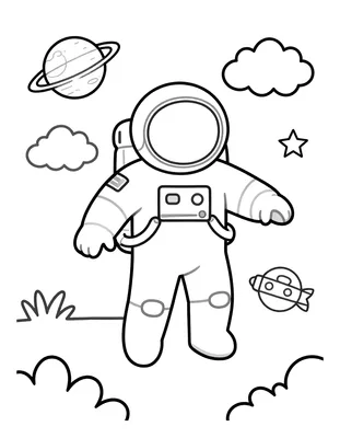 Boyama sayfası: halkalı bir gezegen, küçük bir uzay gemisi ve yıldızların arasında süzülen astronot.